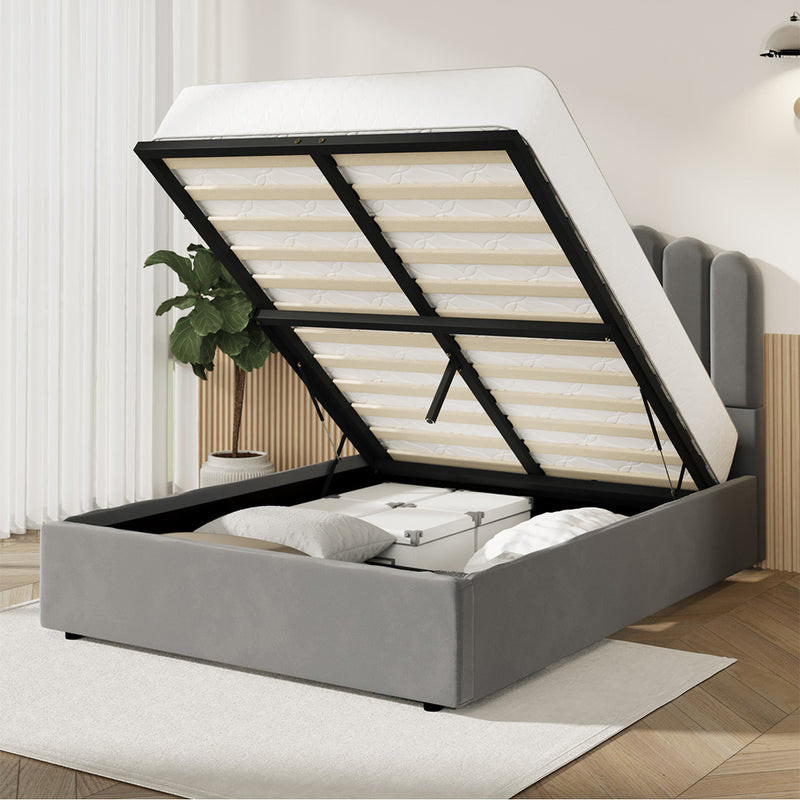 Oikiture Bed Frame Queen Size Gas Lift Velvet Grey