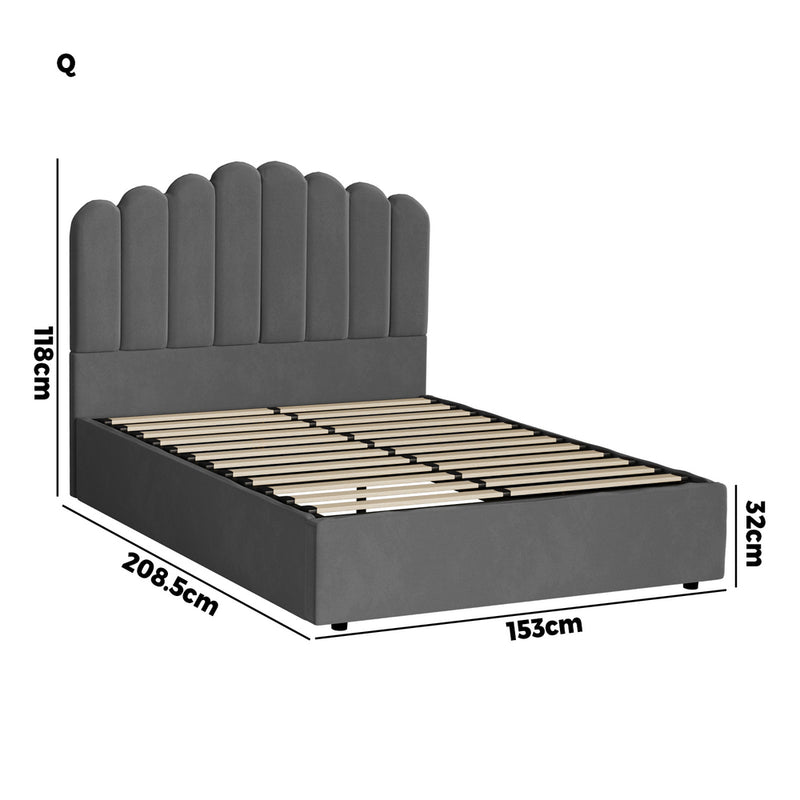 Oikiture Bed Frame Queen Size Gas Lift Velvet Grey
