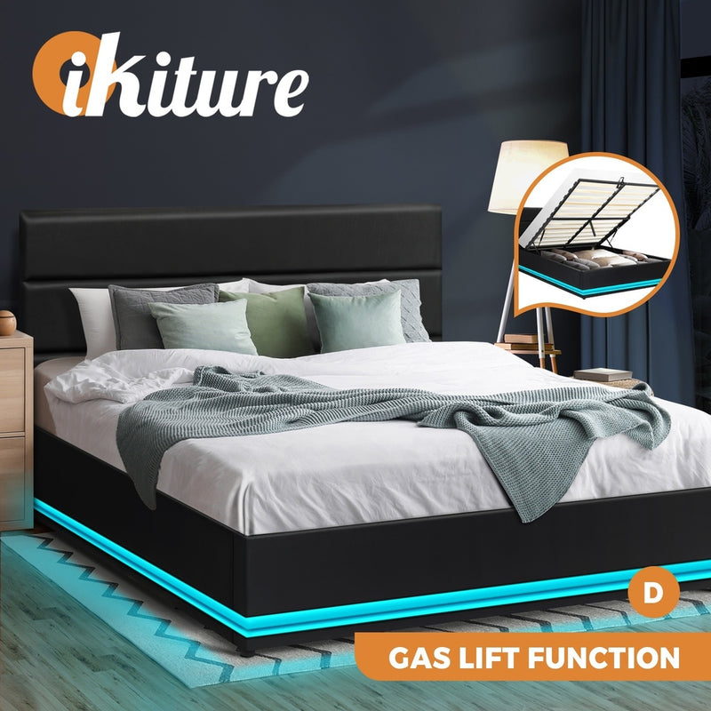 Oikiture Double Bed Frame Gas Lift RBG Storage Space Black
