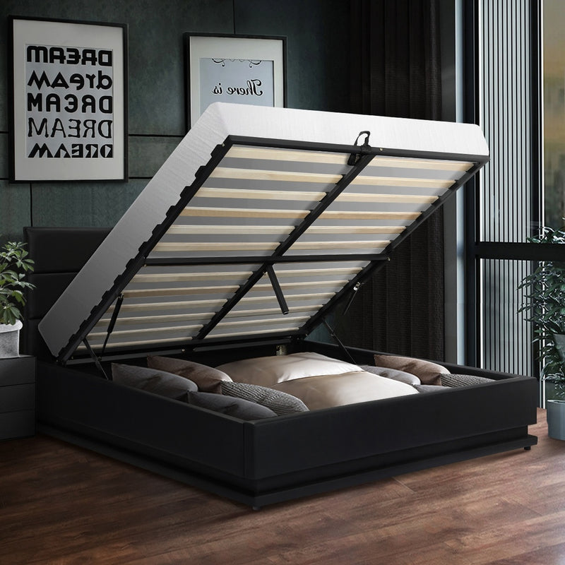 Oikiture Double Bed Frame Gas Lift RBG Storage Space Black