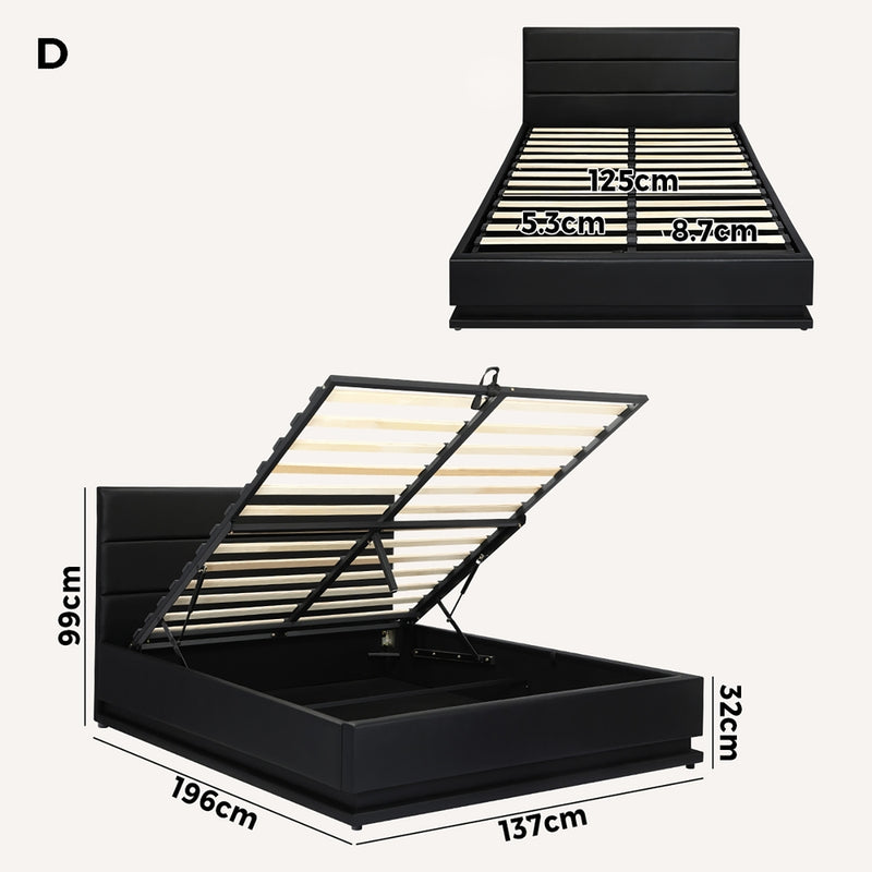 Oikiture Double Bed Frame Gas Lift RBG Storage Space Black
