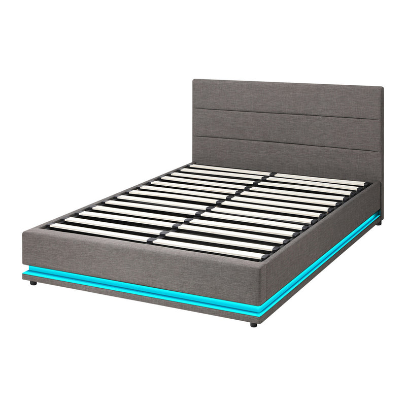 Oikiture Double Bed Frame with Gas Lift LED Storage Space Grey