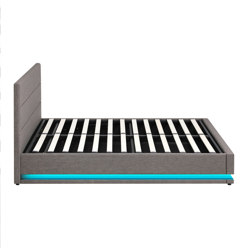 Oikiture Double Bed Frame with Gas Lift LED Storage Space Grey