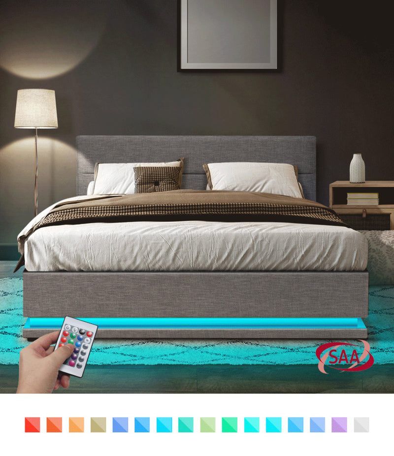 Oikiture Double Bed Frame with Gas Lift LED Storage Space Grey