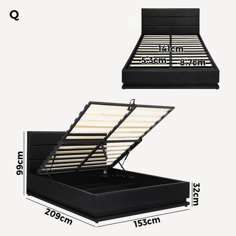 Oikiture Queen Bed Frame Gas Lift RGB Storage Space Black