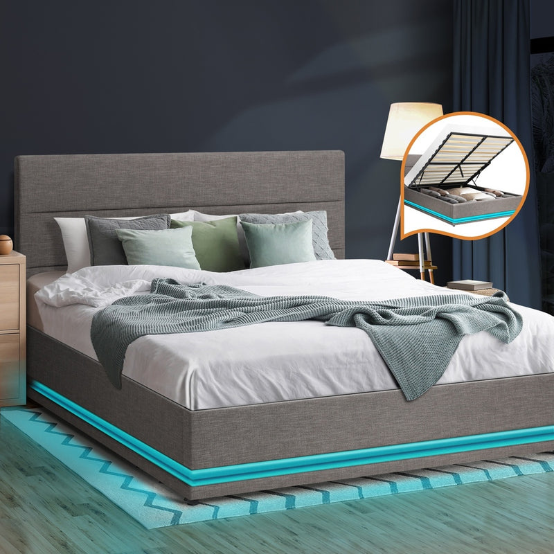 Oikiture Queen Bed Frame with Gas Lift LED Storage Space Grey