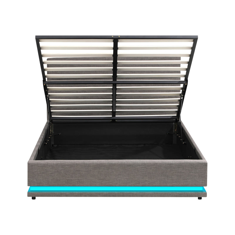 Oikiture Queen Bed Frame with Gas Lift LED Storage Space Grey