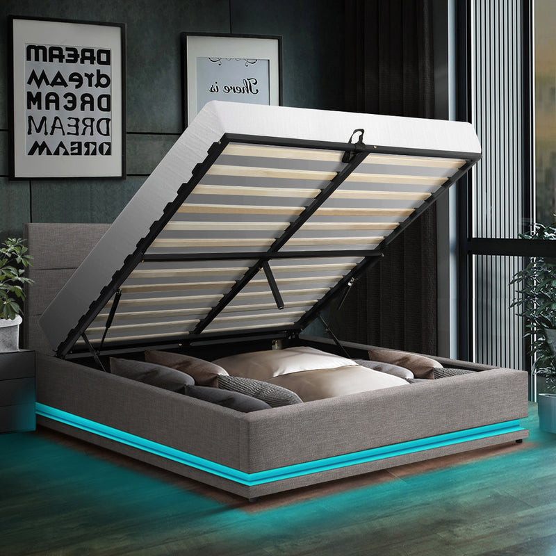 Oikiture Queen Bed Frame with Gas Lift LED Storage Space Grey