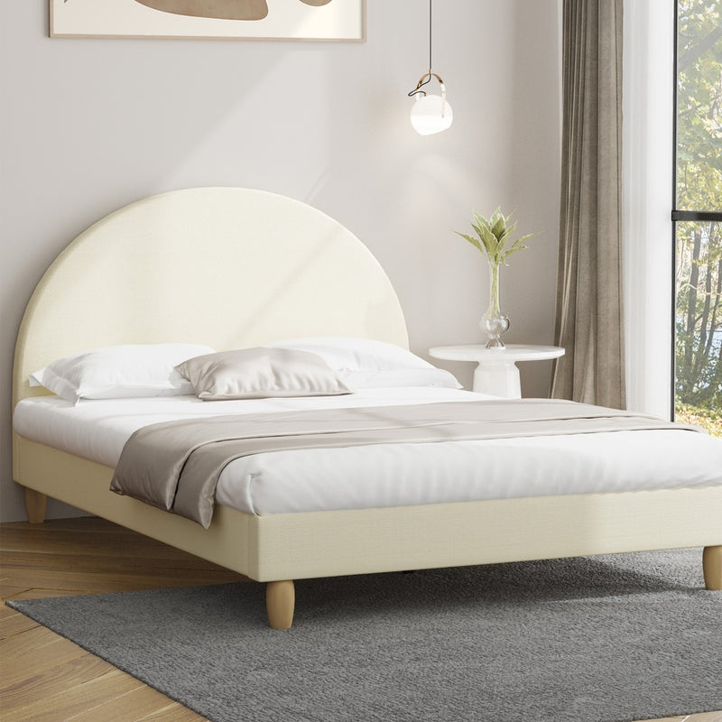 Oikiture Bed Frame Double Size Arched Bedhead Beige Fabric