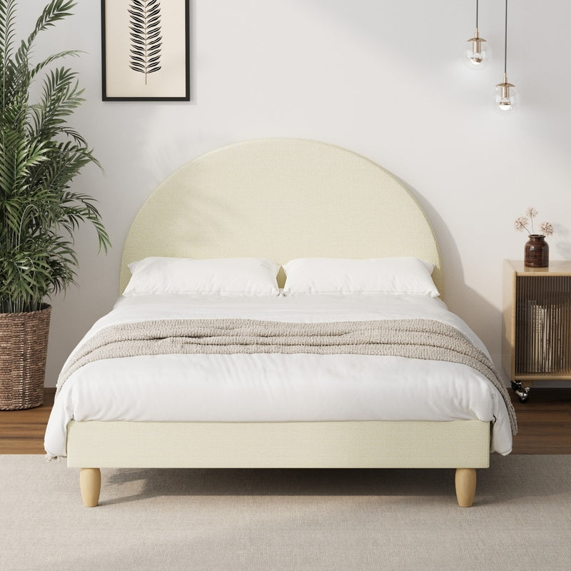 Oikiture Bed Frame Double Size Arched Bedhead Beige Fabric