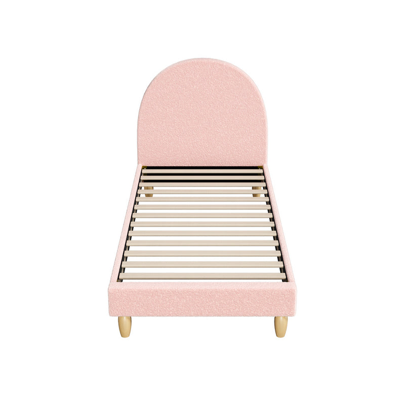 Oikiture Bed Frame Single Size Bed Platform Arched Bedhead Pink Boucle