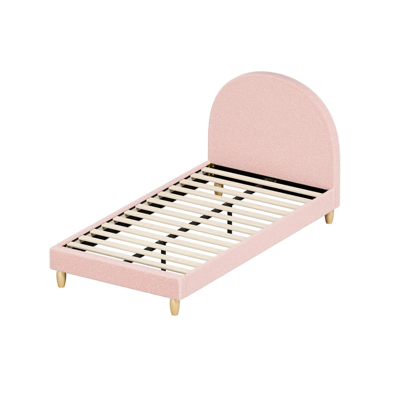 Oikiture Bed Frame Single Size Bed Platform Arched Bedhead Pink Boucle