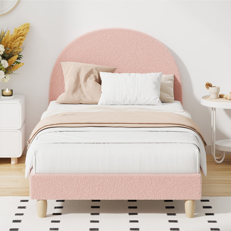 Oikiture Bed Frame Single Size Bed Platform Arched Bedhead Pink Boucle