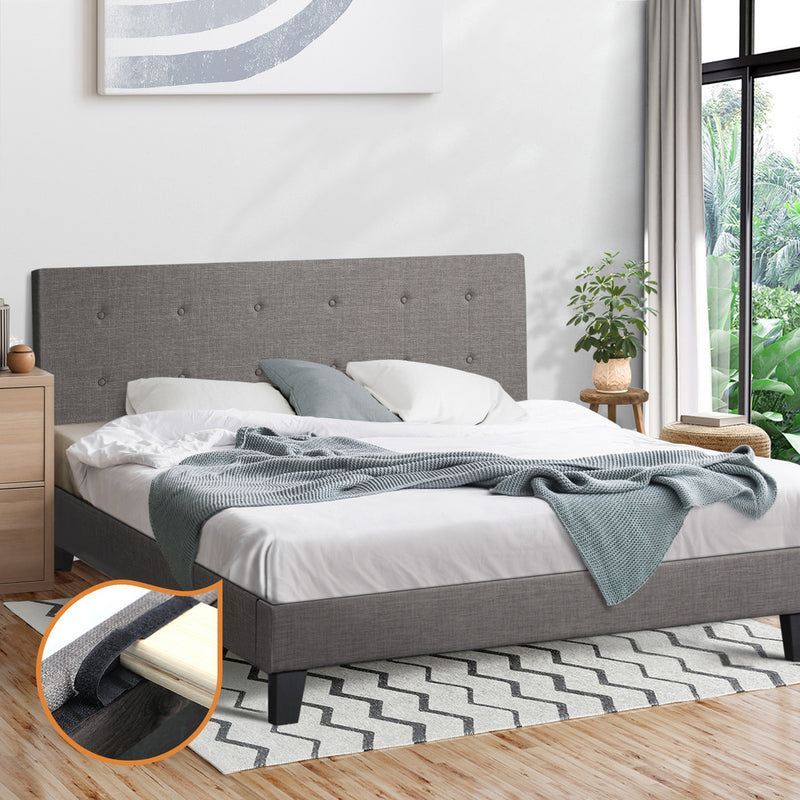 Oikiture Bed Frame King Size Wooden Fabric Grey