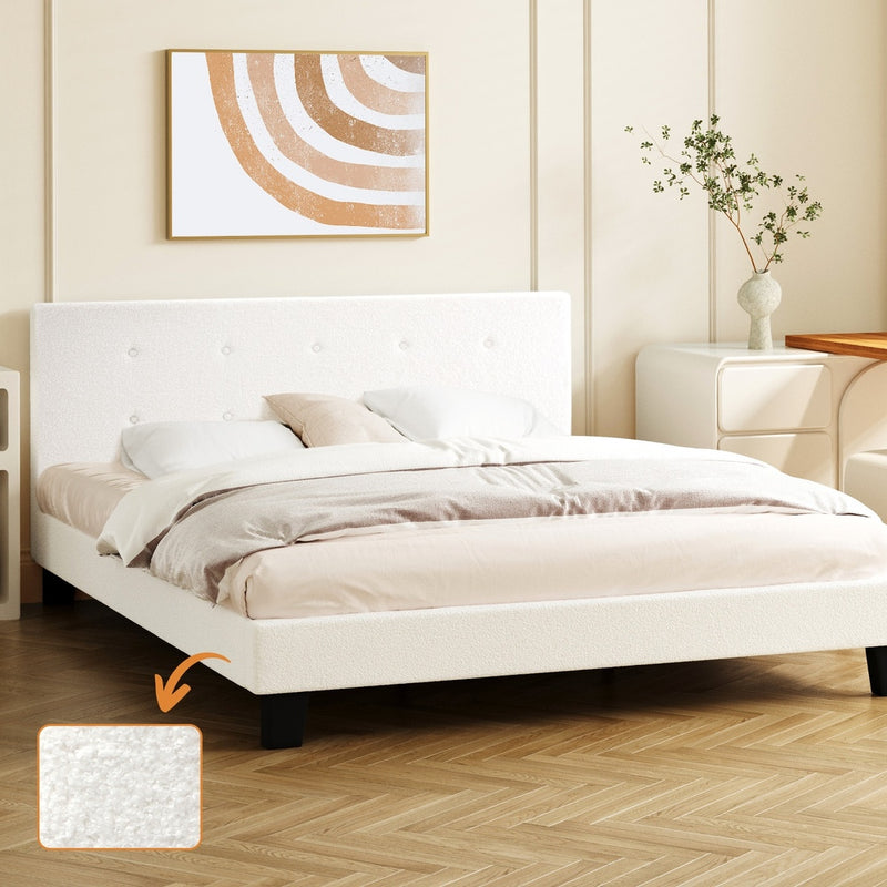 Oikiture Bed Frame Queen Size White Boucle