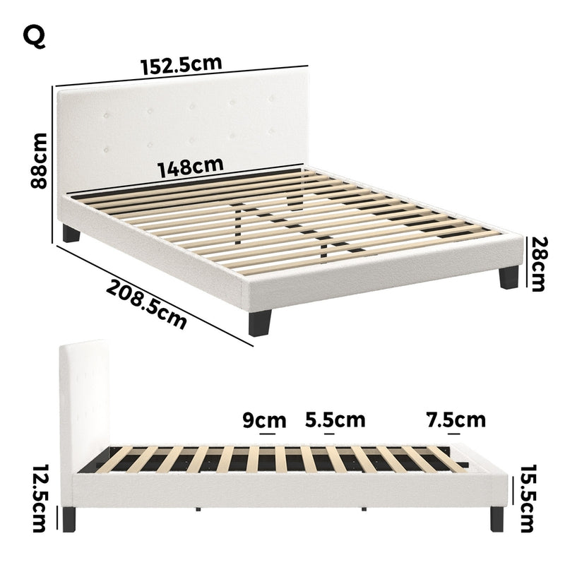 Oikiture Bed Frame Queen Size White Boucle
