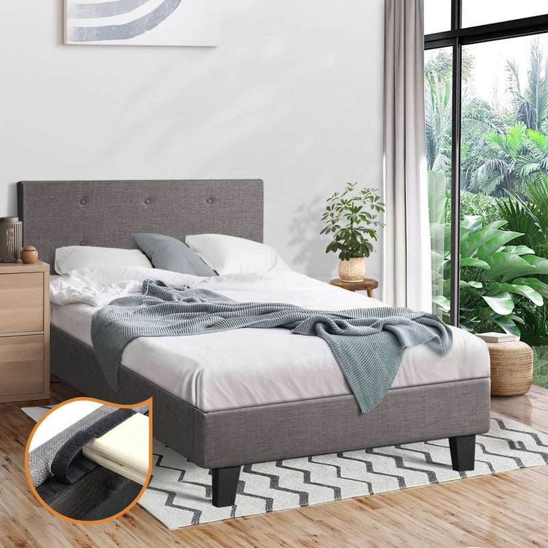 Oikiture Bed Frame Single Size Wooden Fabric Grey
