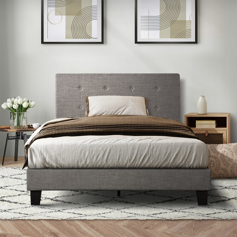 Oikiture Bed Frame Single Size Wooden Fabric Grey