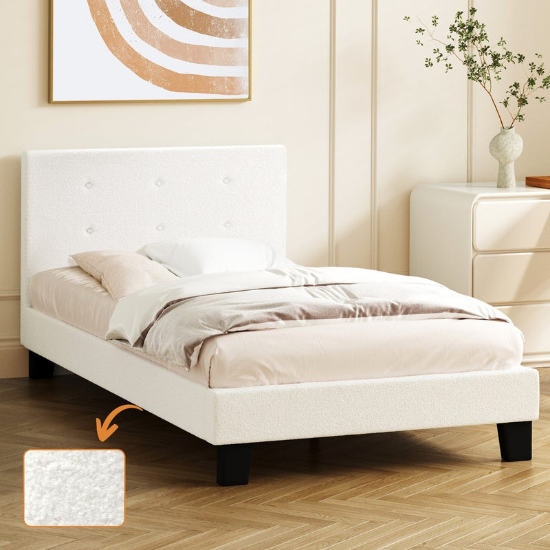 Oikiture Bed Frame Single Size White Boucle