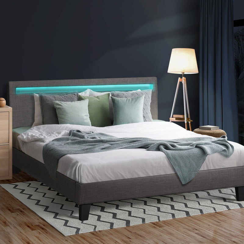 Oikiture Bed Frame RGB LED Double Size Wooden Grey Fabric