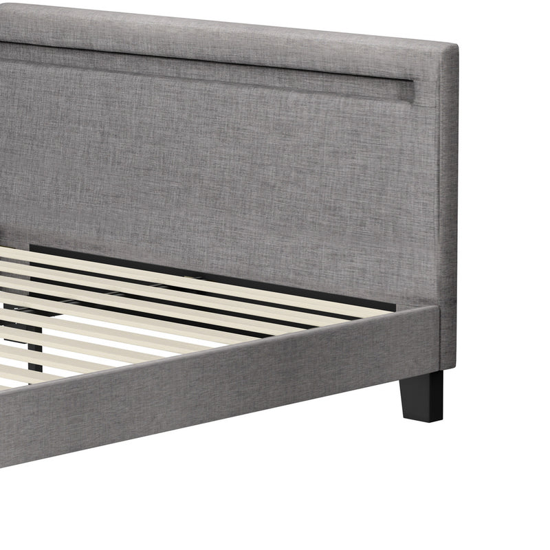 Oikiture Bed Frame RGB LED Double Size Wooden Grey Fabric