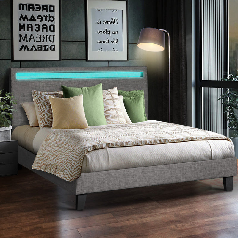 Oikiture Bed Frame RGB LED Double Size Wooden Grey Fabric