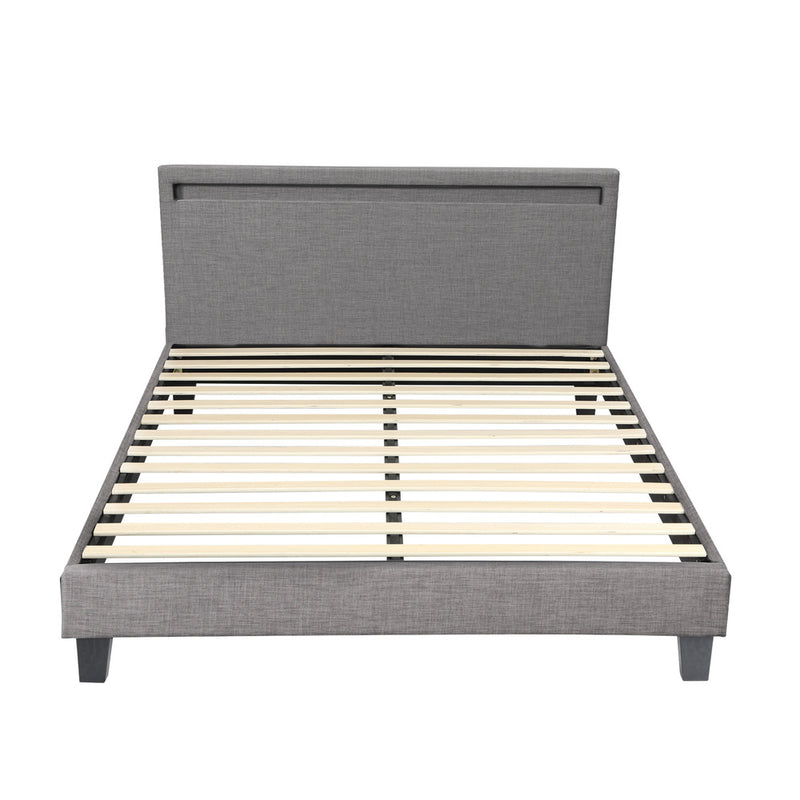 Oikiture Bed Frame RGB LED Queen Size Wooden Grey Fabric