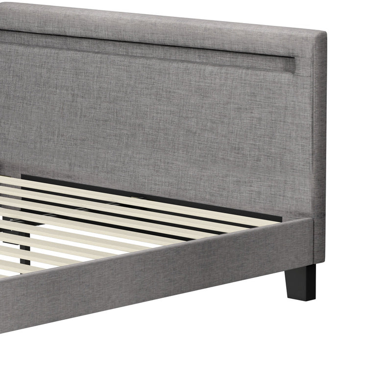 Oikiture Bed Frame RGB LED Queen Size Wooden Grey Fabric