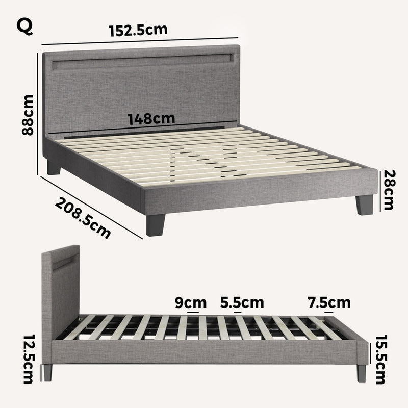 Oikiture Bed Frame RGB LED Queen Size Wooden Grey Fabric