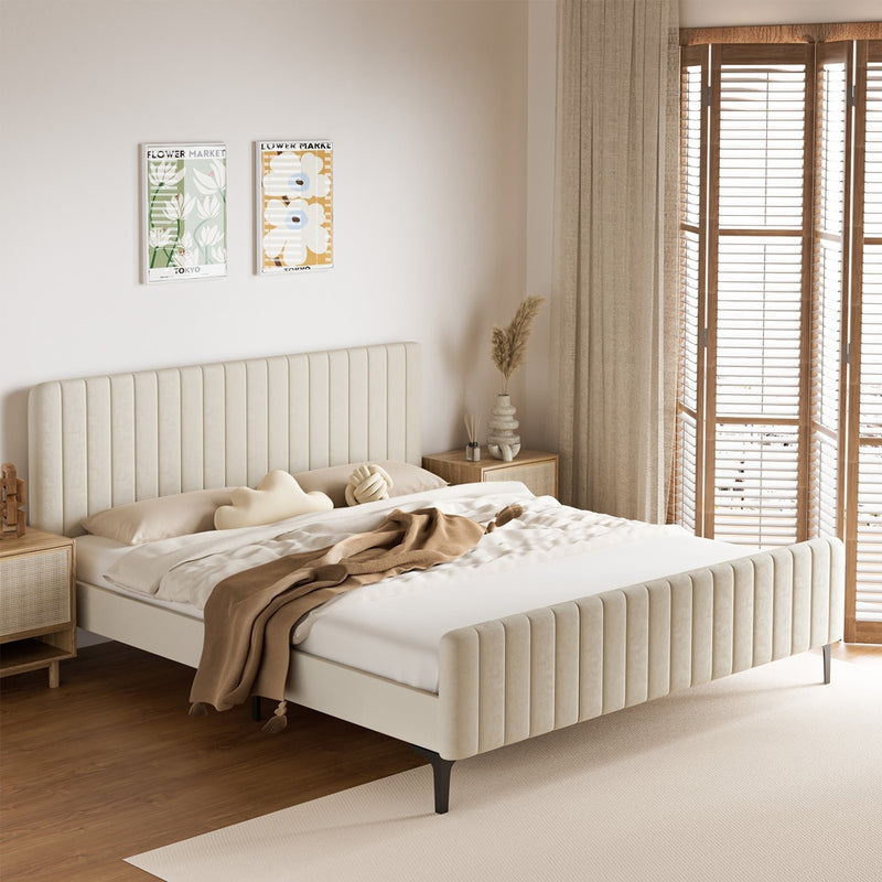 Oikiture King Size Bed Frame Velvet Fabric Beige