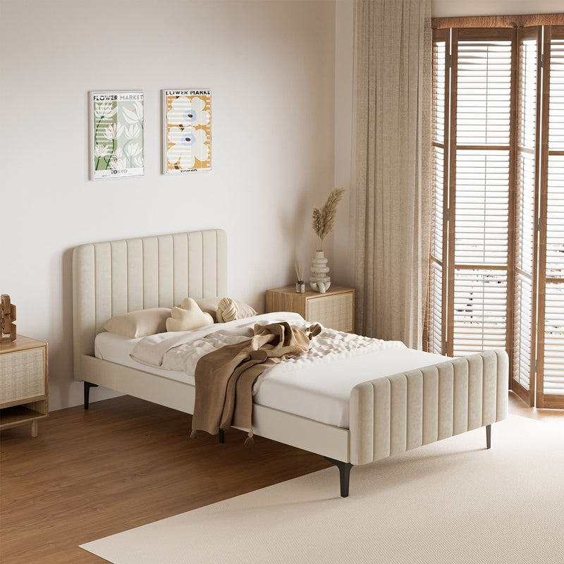 Oikiture King Single Bed Frame Velvet Fabric Beige