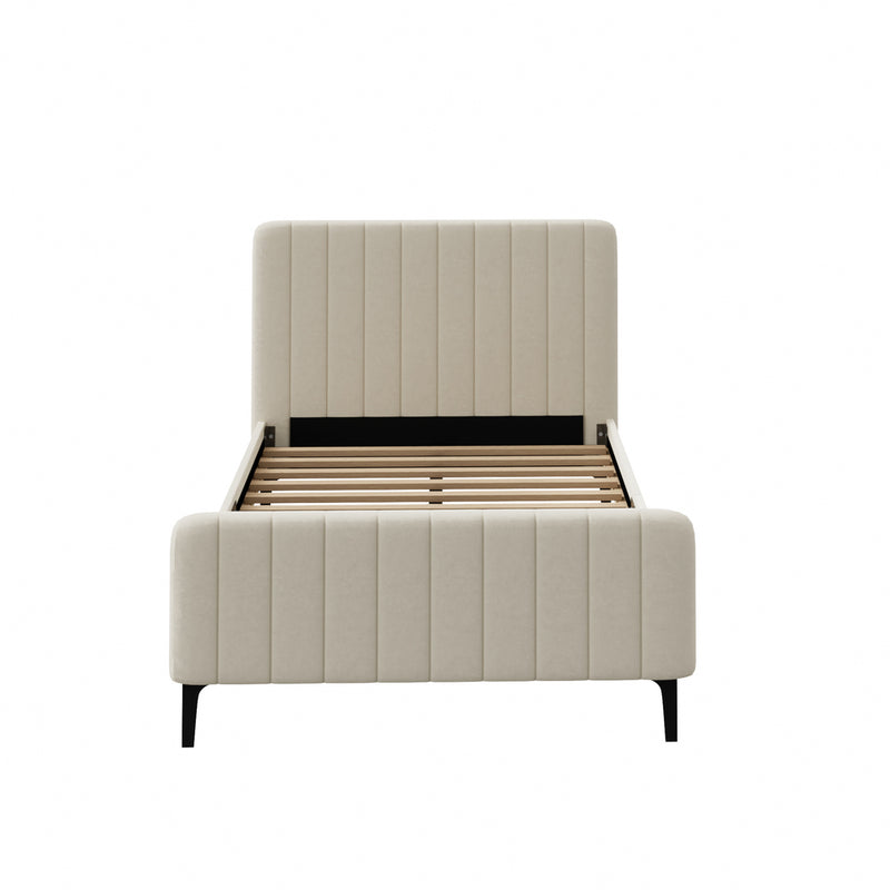 Oikiture King Single Bed Frame Velvet Fabric Beige