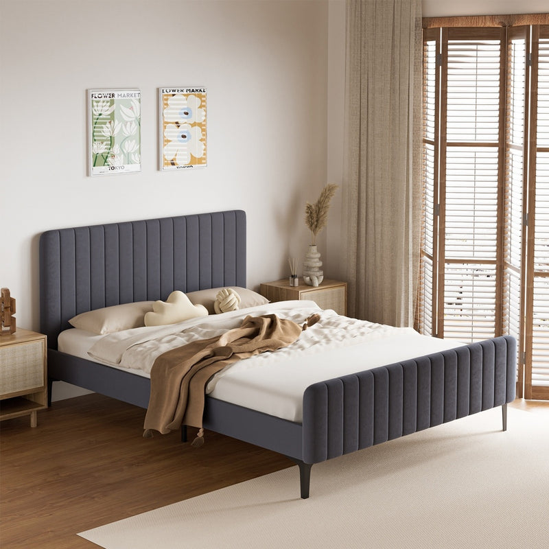Oikiture Bed Frame Queen Size Beds Platform Velvet Fabric Grey
