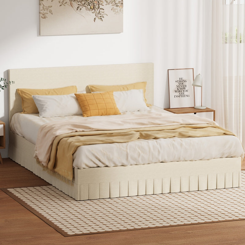 Oikiture Bed Frame Queen Upholstered Headboard Platform Base Beige