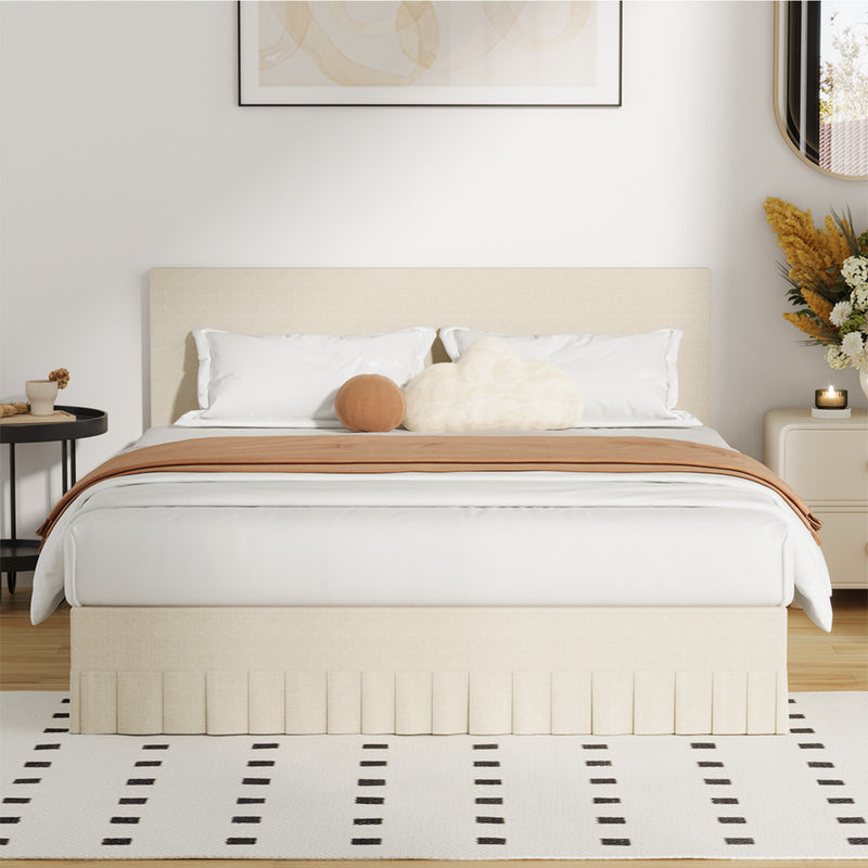 Oikiture Bed Frame Queen Upholstered Headboard Platform Base Beige