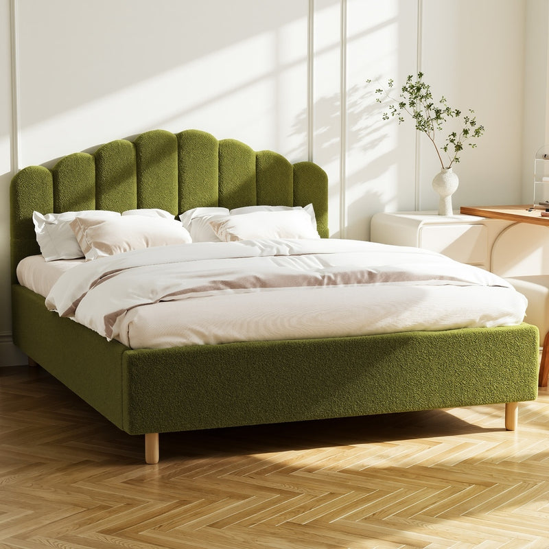 Oikiture Bed Frame Queen Stripe Headboard Wooden Slats Boucle Green