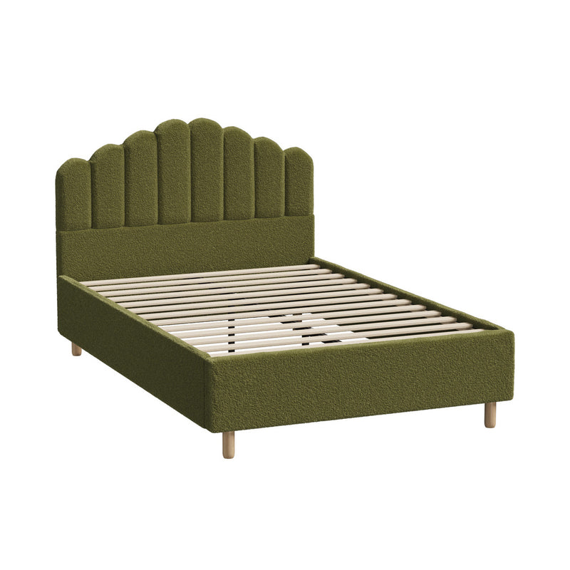Oikiture Bed Frame Queen Stripe Headboard Wooden Slats Boucle Green
