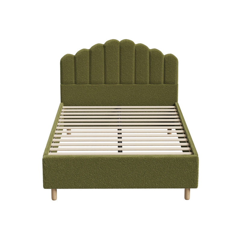 Oikiture Bed Frame Queen Stripe Headboard Wooden Slats Boucle Green