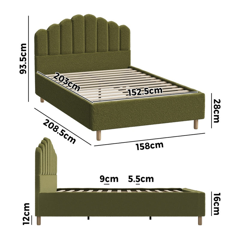 Oikiture Bed Frame Queen Stripe Headboard Wooden Slats Boucle Green