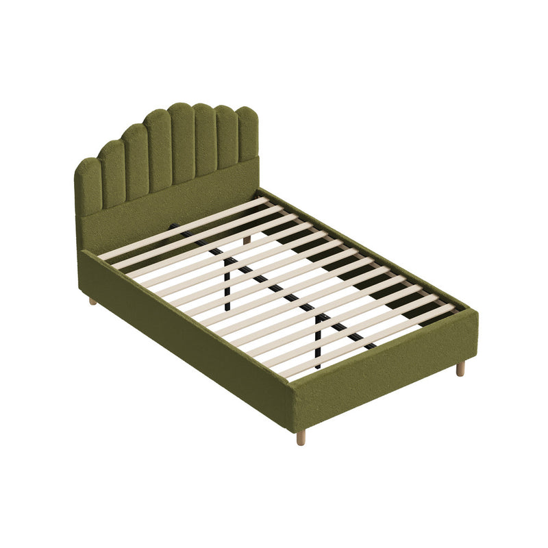 Oikiture Bed Frame Queen Stripe Headboard Wooden Slats Boucle Green