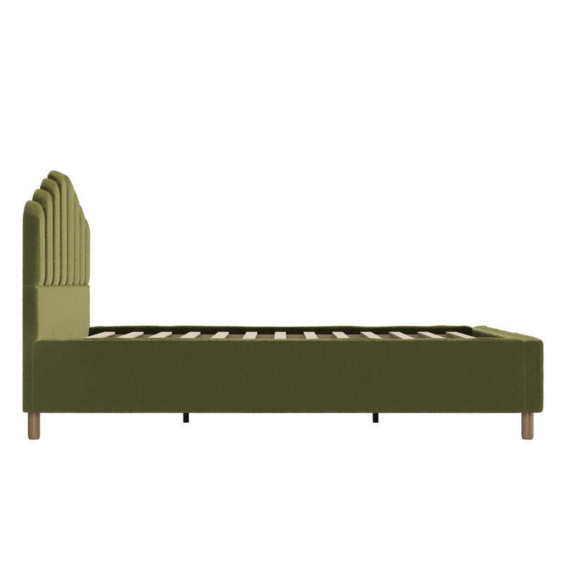 Oikiture Bed Frame Queen Stripe Headboard Wooden Slats Boucle Green