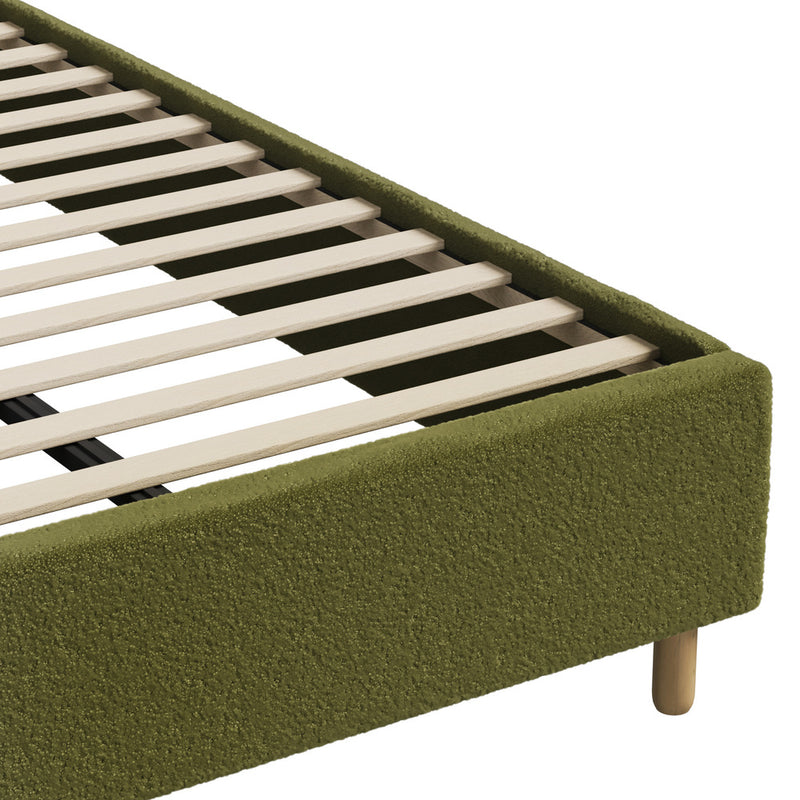 Oikiture Bed Frame Queen Stripe Headboard Wooden Slats Boucle Green