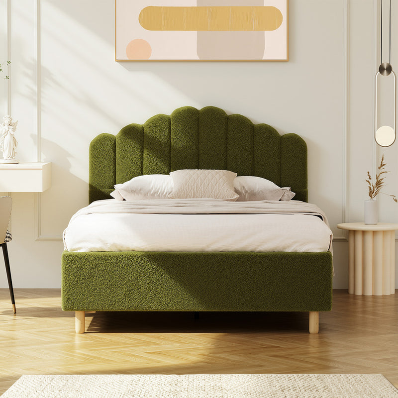 Oikiture Bed Frame Queen Stripe Headboard Wooden Slats Boucle Green
