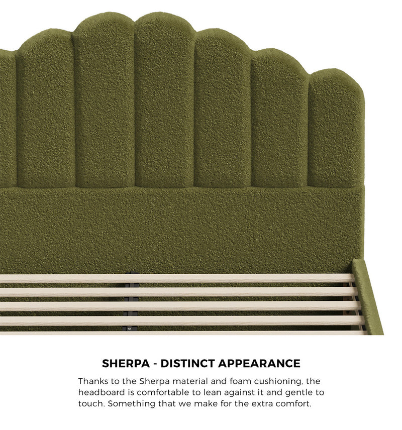 Oikiture Bed Frame Queen Stripe Headboard Wooden Slats Boucle Green