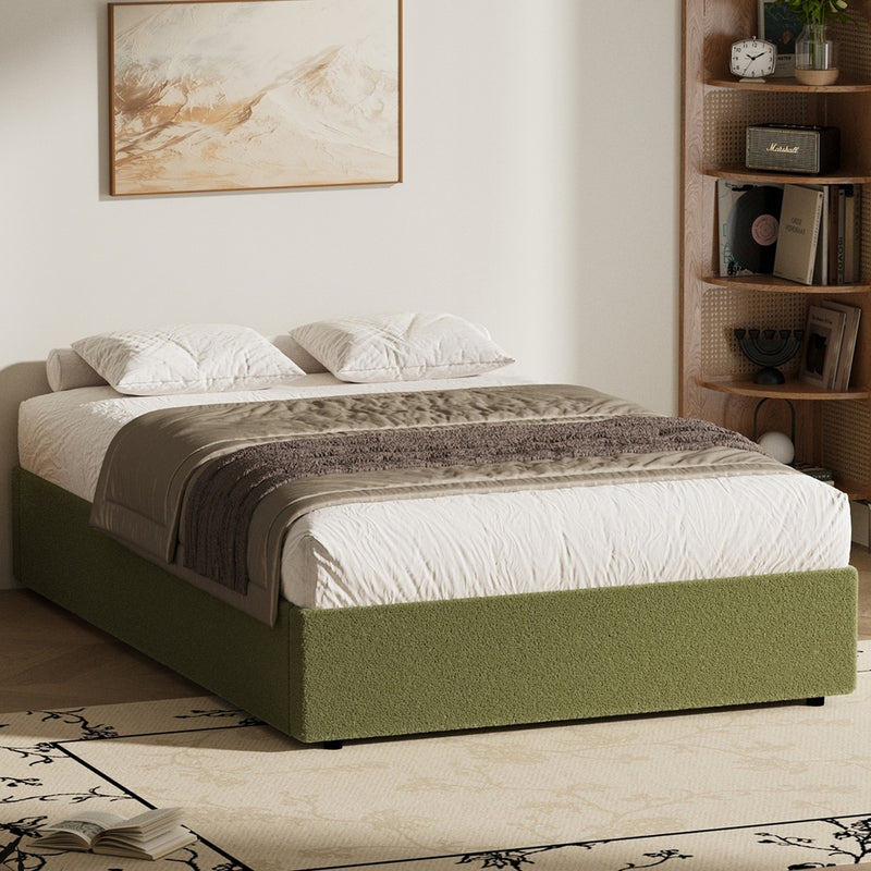 Oikiture Bed Frame King Single Gas Lift Base with Storage Boucle Green