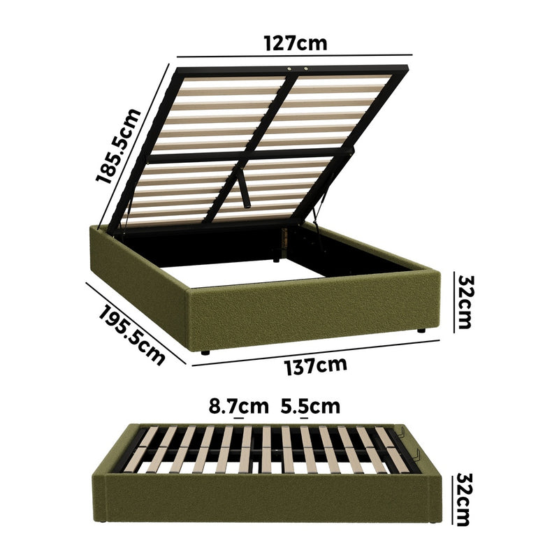 Oikiture Bed Frame King Single Gas Lift Base with Storage Boucle Green