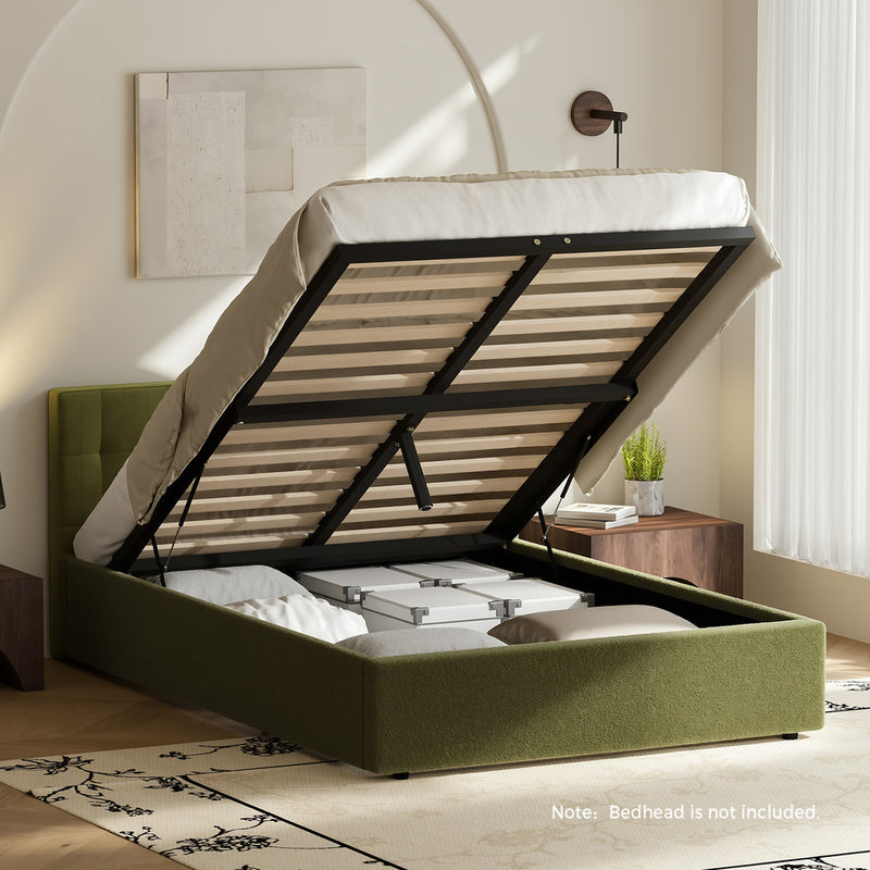 Oikiture Bed Frame King Single Gas Lift Base with Storage Boucle Green