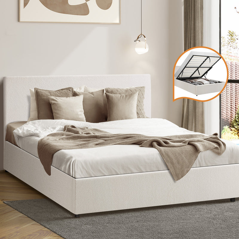 Oikiture Double Bed Frame Gas Lift Storage Base White Boucle