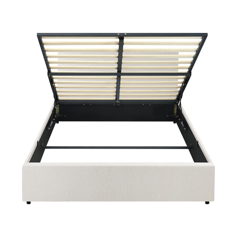 Oikiture Double Bed Frame Gas Lift Storage Base White Boucle