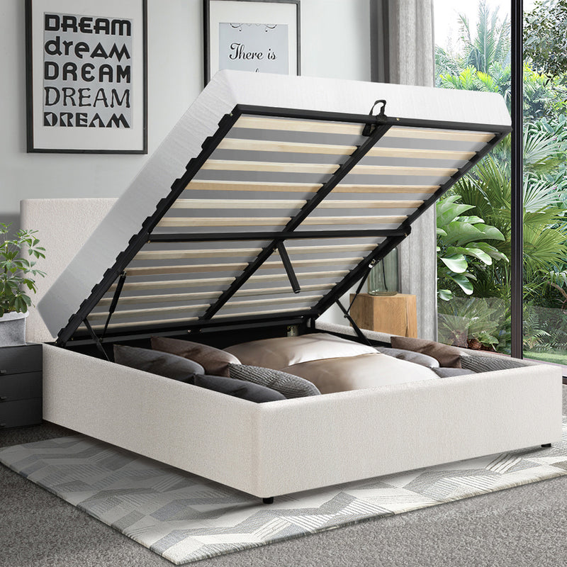 Oikiture Double Bed Frame Gas Lift Storage Base White Boucle